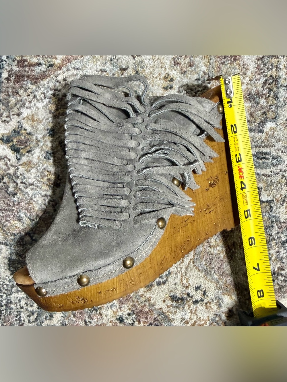 Fringed Suede Gray Wedge Sandal - Women's